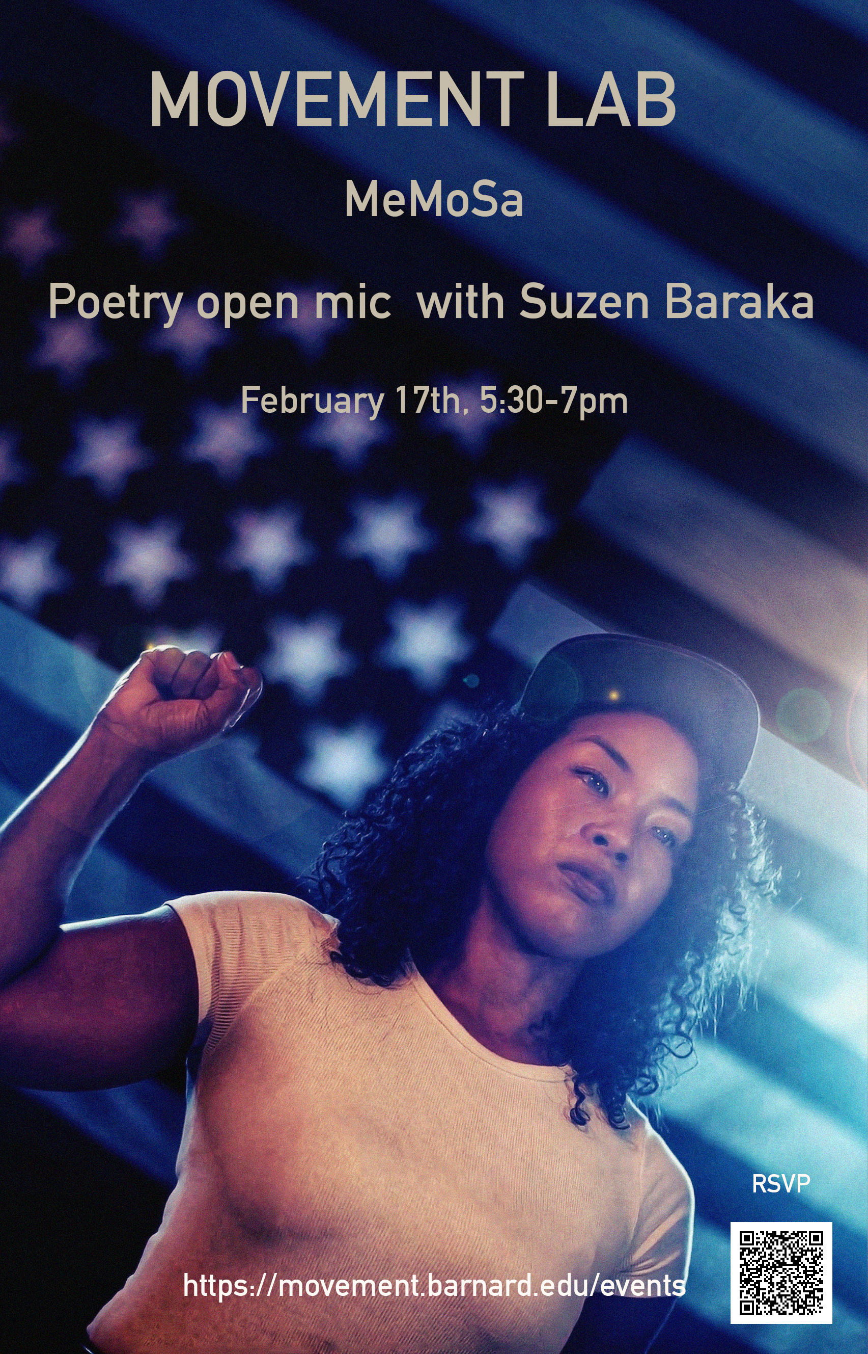 A poster for the poetry open mic featuring Suzen Baraka with her fist raised in front of an American Flag