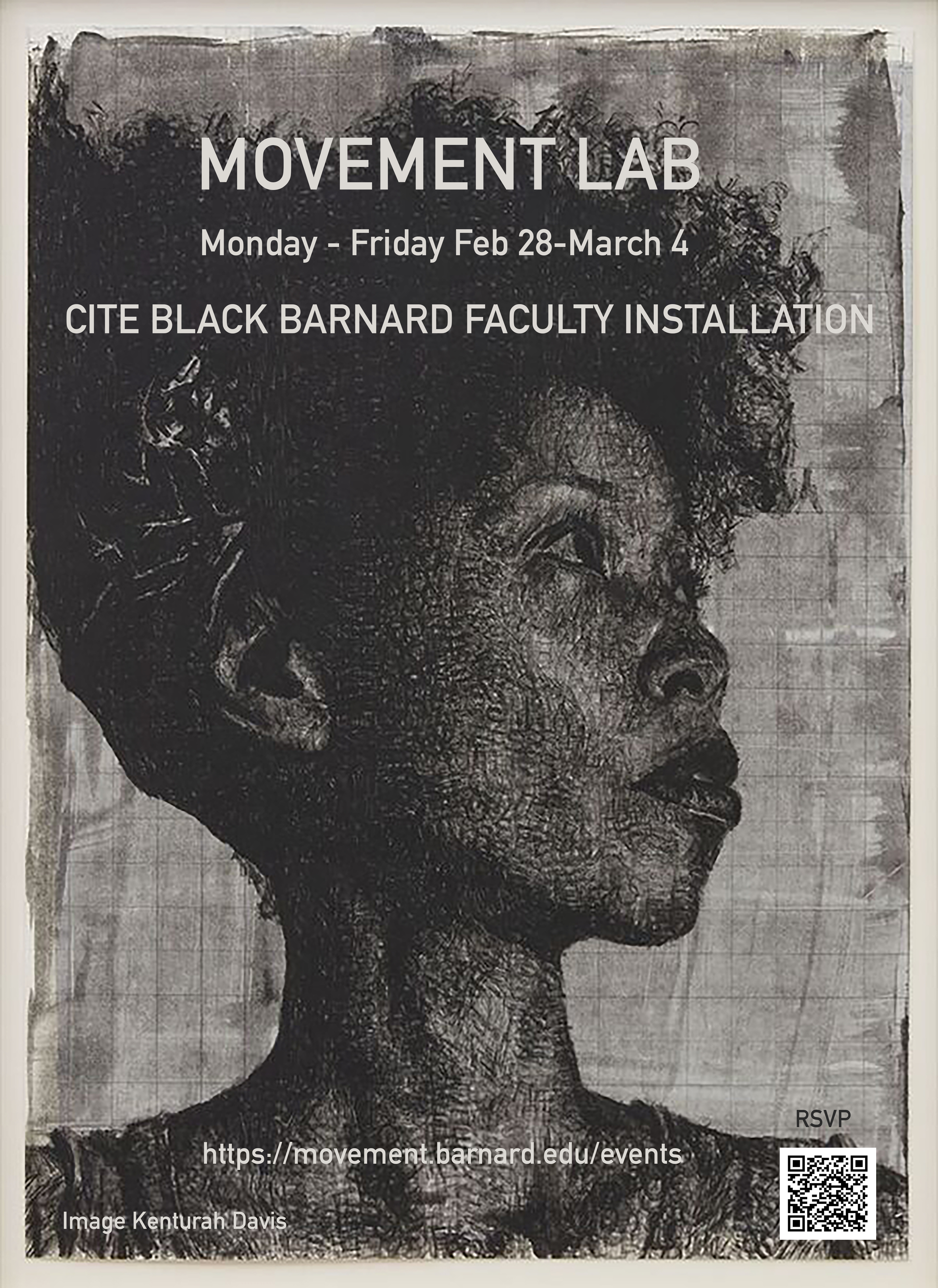 A poster for the Cite Black Barnard Faculty installation featuring an image of Kenturah Davis