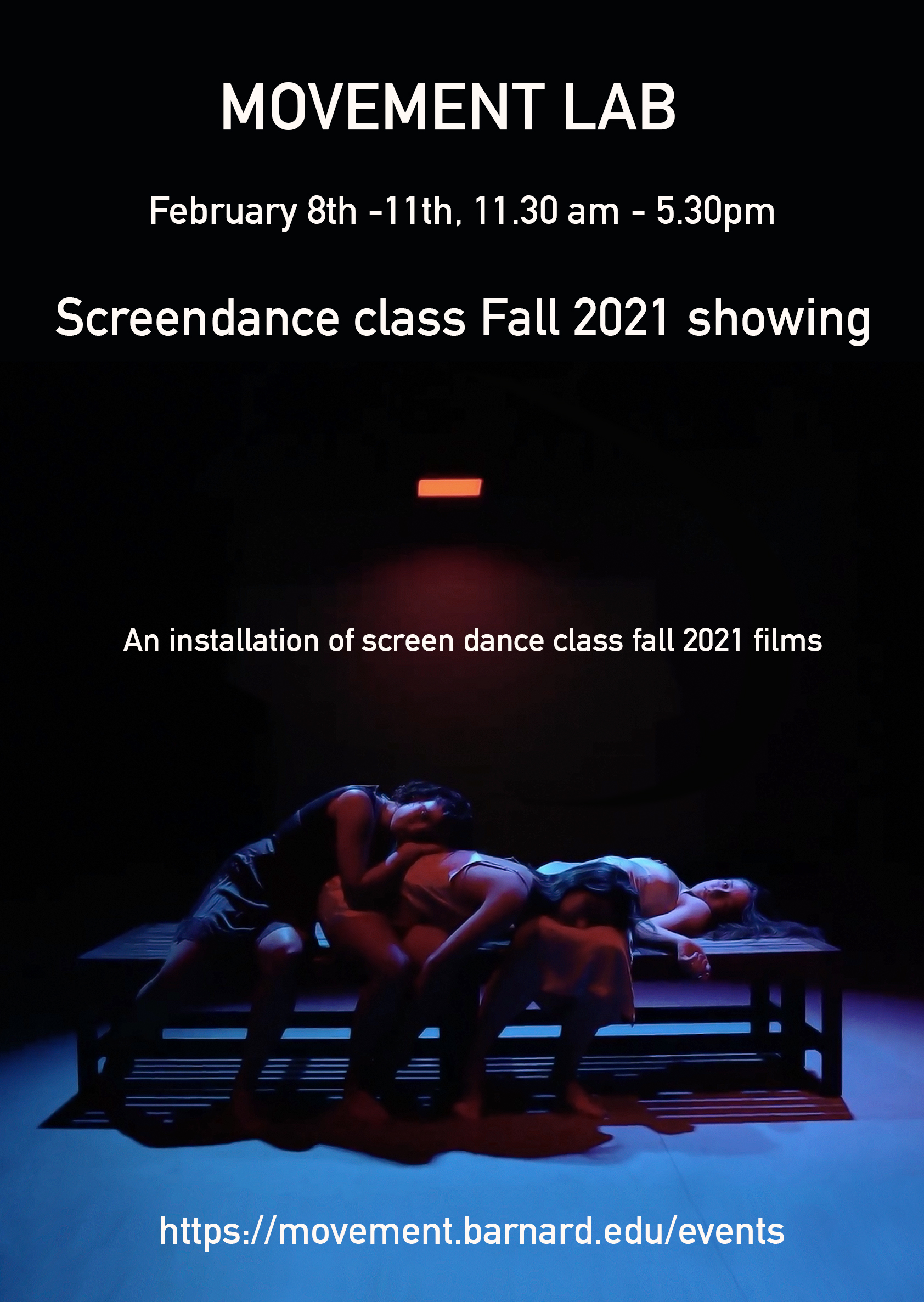 A poster for the Screendance Installation featuring three people lying on top of each other on a bench