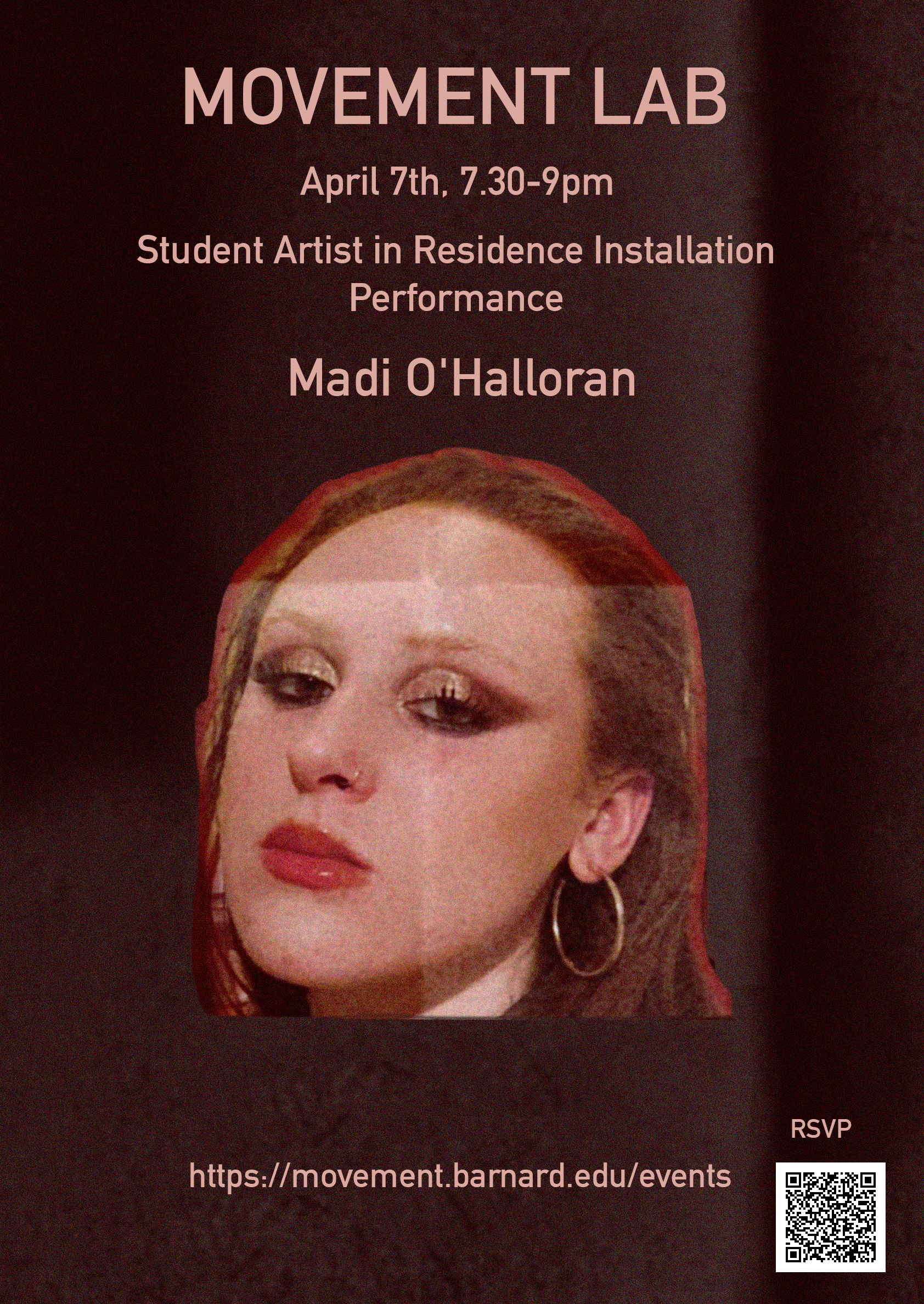 A poster promoting Mado O'Halloran's installation performance featuring a cut-out image of her face on a maroon background