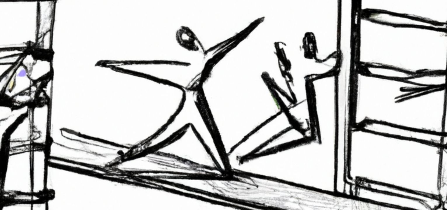 sketch of people dancing and climbing ladders