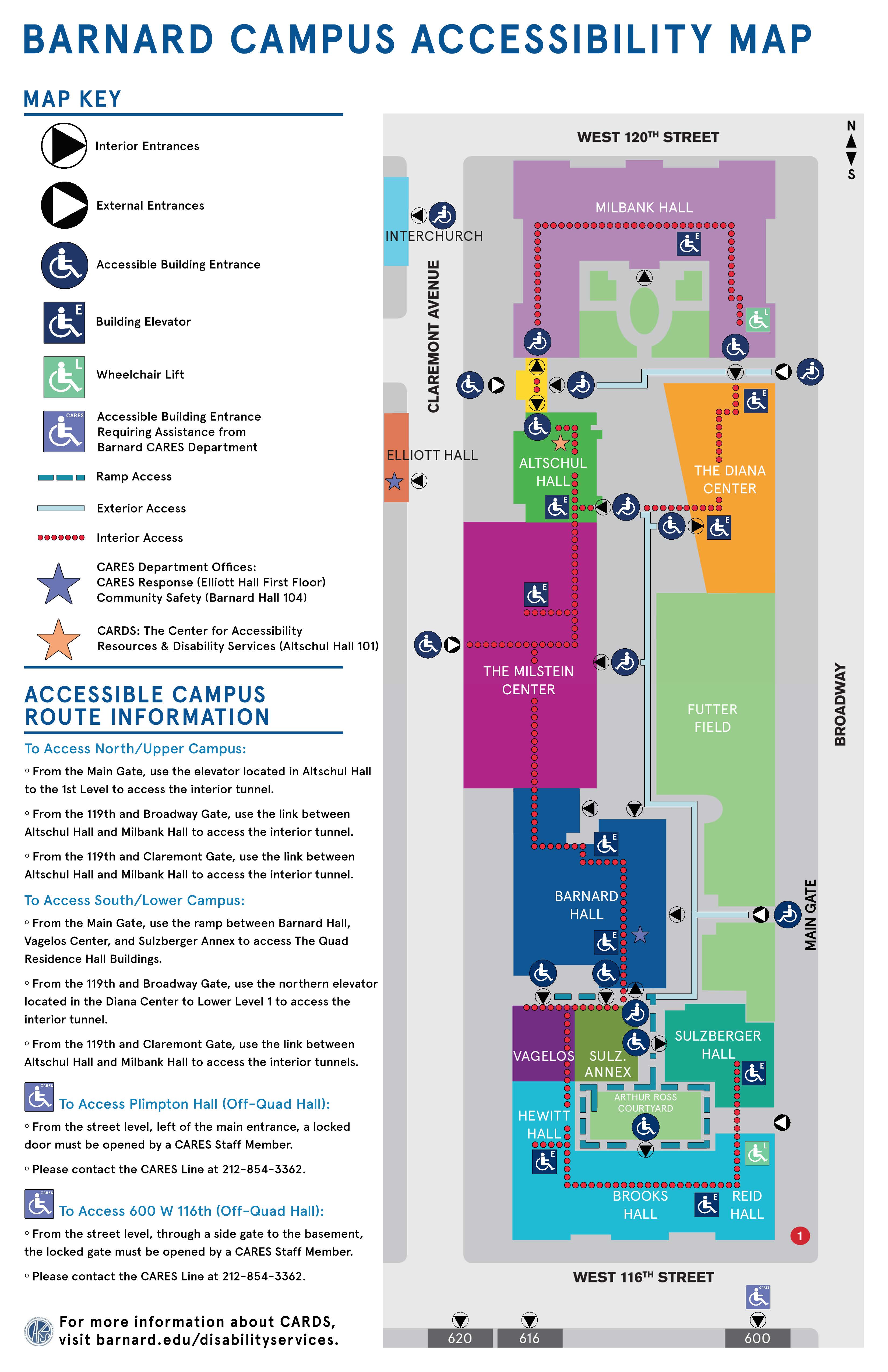 Map of Barnard Campus with accessibility information for each building's entrances / exits