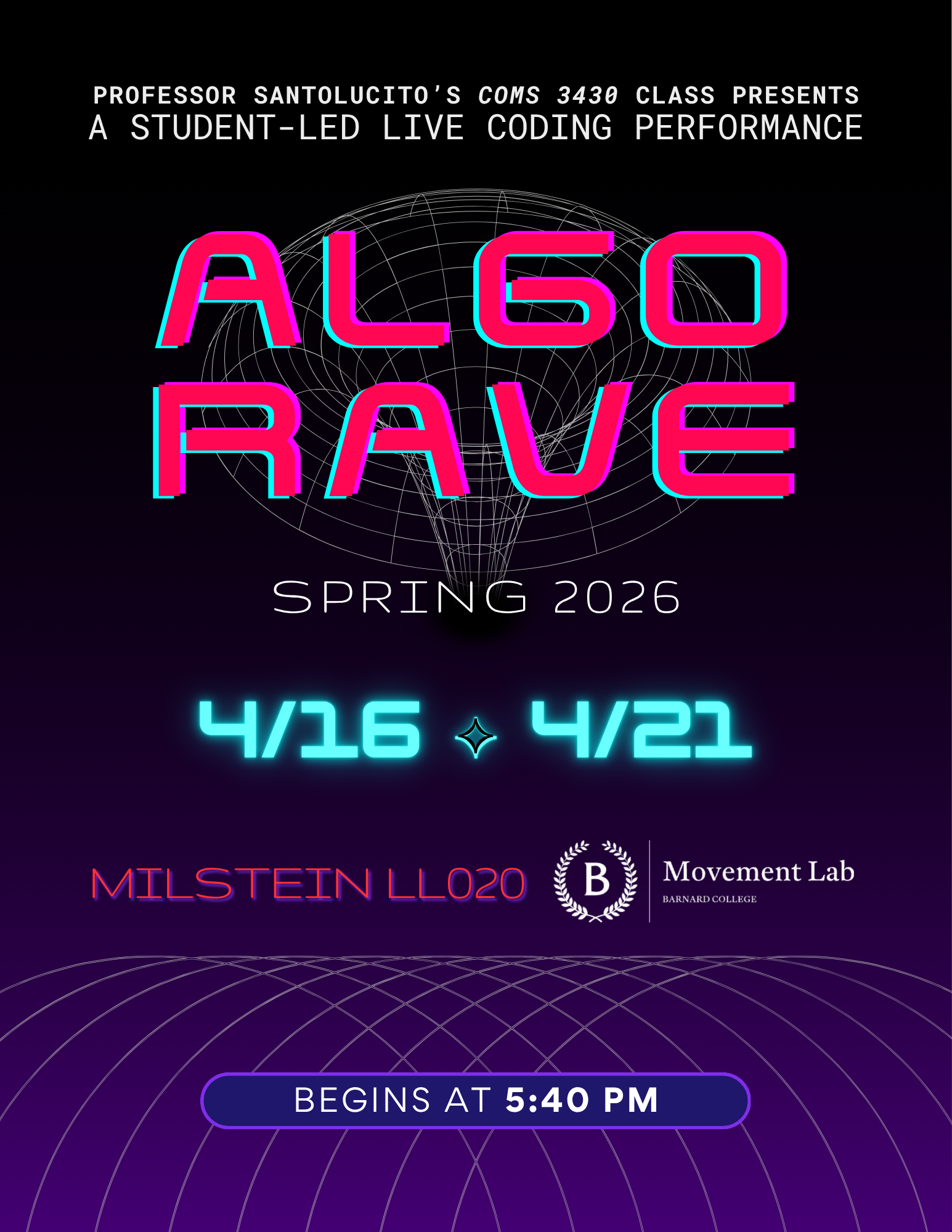 Poster for Algo Rave event in April 2026