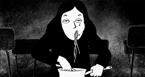 A black and white cartoon of a young girl slurps noodles